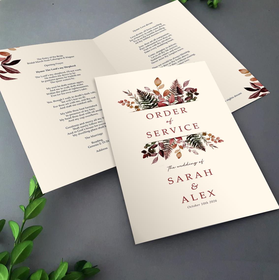 Autumn Burgundy Order of Service for Weddings