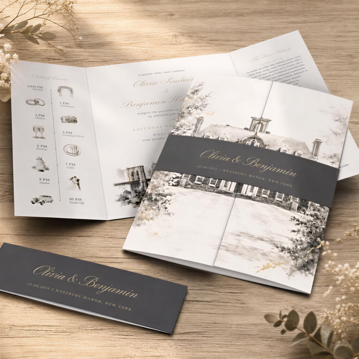 Custom venue watercolour wedding invitations with bellybands and envelopes