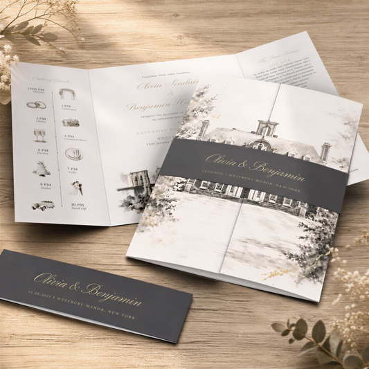Custom venue watercolour wedding invitations with bellybands and envelopes