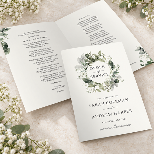 A wedding program booklet and matching invitation card displayed on a light textured surface with white flowers and greenery. The front card reads 'Order of Service' and includes the names Sarah Coleman and Andrew Harper with the date 9th February 2025.