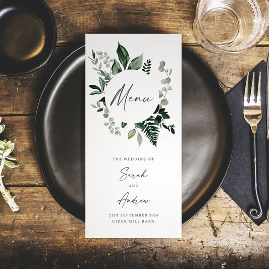 Greenery Wedding Menus – DL Size Personalised Wedding Menu Cards