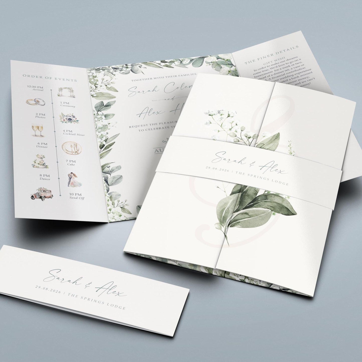 baby breath wedding invitation on a gatefold design with a belly band and envelopes, elegant gypsophila border with order of day, menu and RSVP details