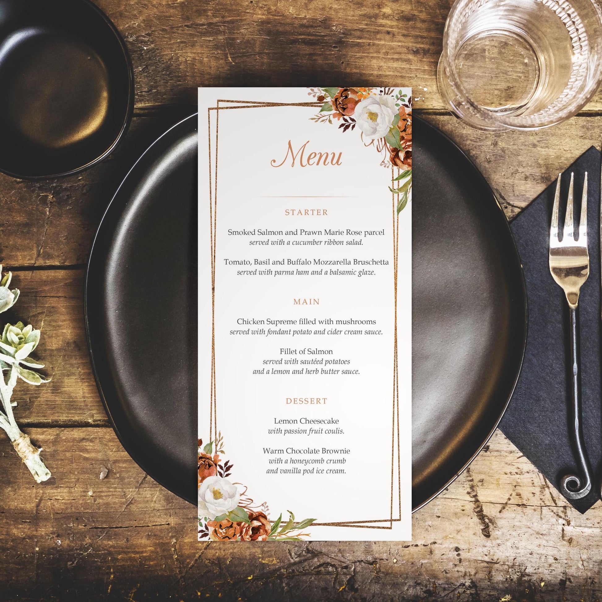 Autumn floral wedding menus with orange hues and a copper border personalised