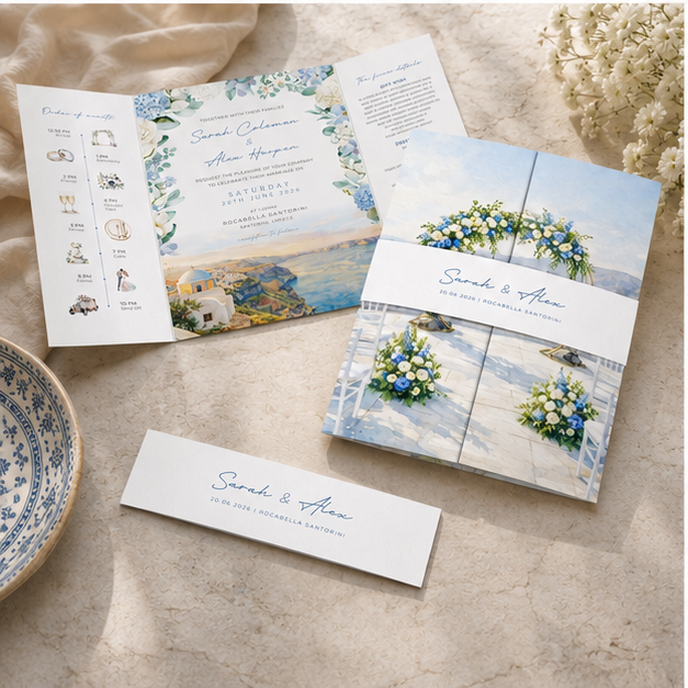 A coordinated wedding stationery set arranged on a light stone surface, including a folded invitation, an instruction booklet, a wrapped gift bag, and a separate card. The designs feature soft blue and white floral artwork, beach scenery, and delicate blue-and-white floral accents.