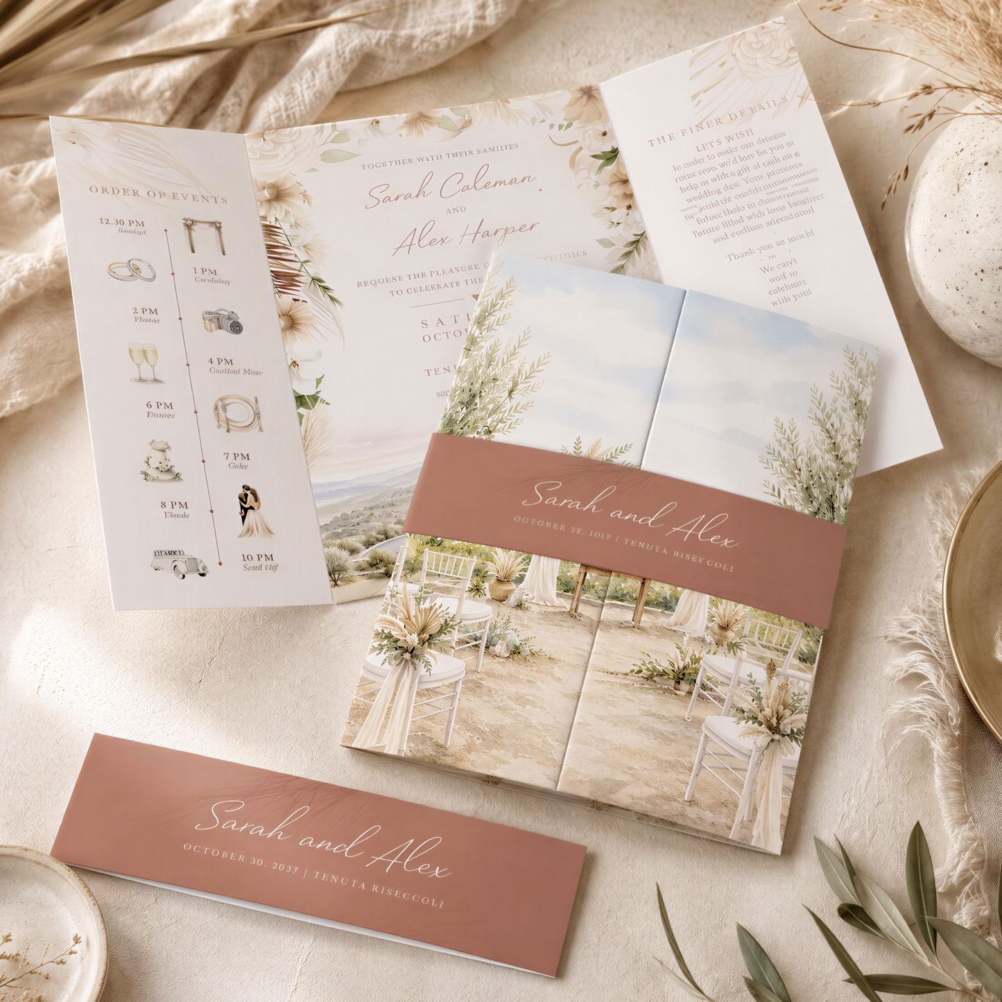 a wedding invitation with a couple's names, Sarah and Alex, along with details about their wedding ceremony. The invitation is accompanied by a printed card and some decorative elements, such as a vase and a plant, creating a warm and inviting atmosphere.