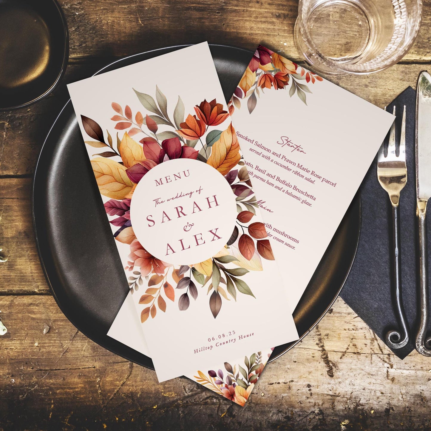 Personalised Wedding Menus - Autumn DL Size Burgundy Orange & Red Menu Cards