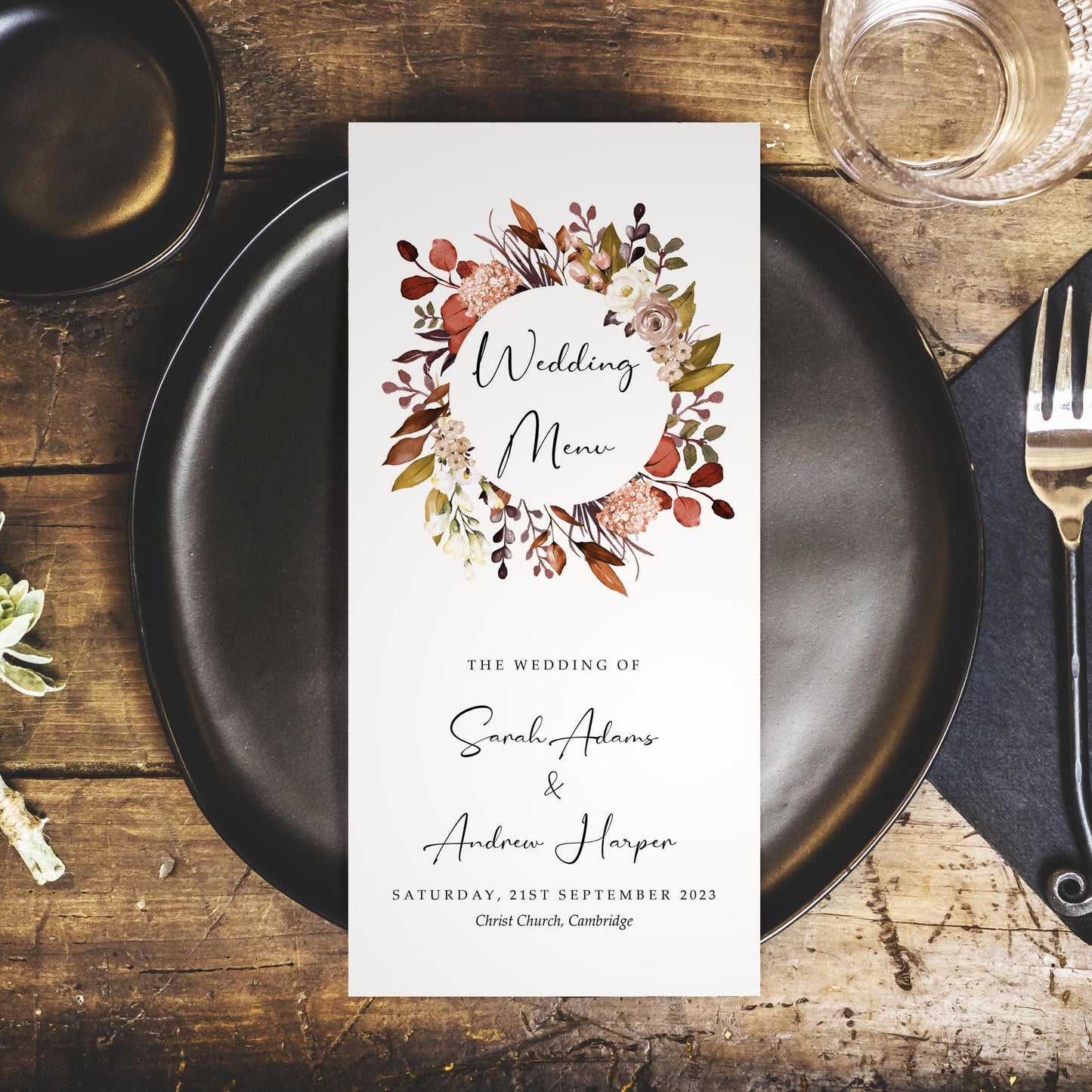 Autumn wild wreath DL menus for table decor weddings