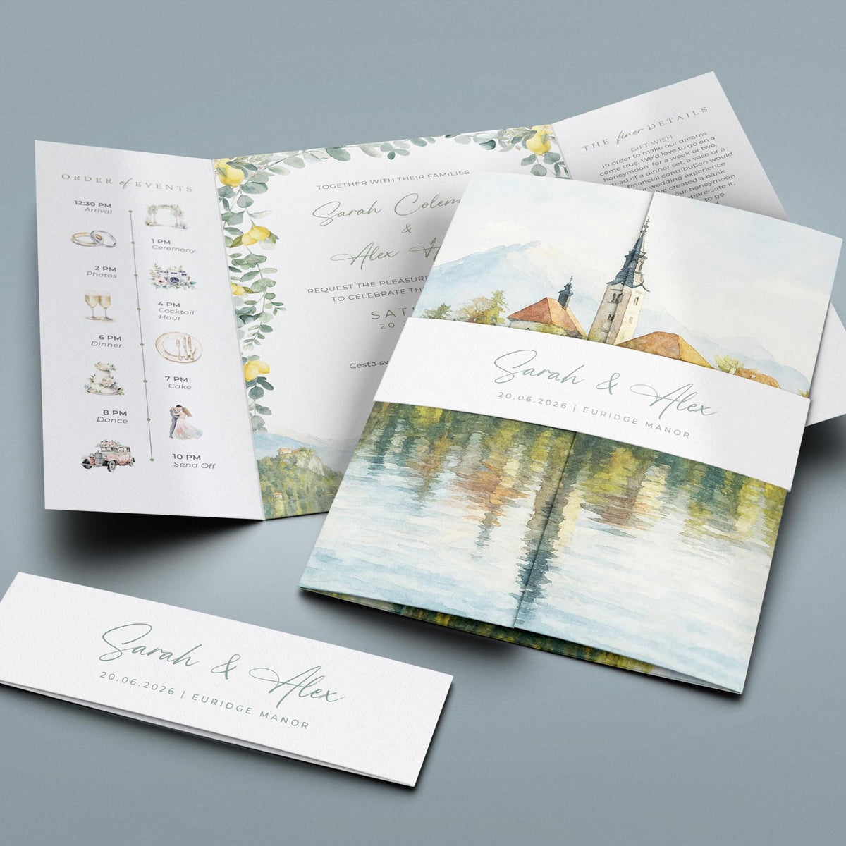 A wedding invitation featuring a watercolor painting of a church and a lake, along with details about the wedding ceremony and reception.