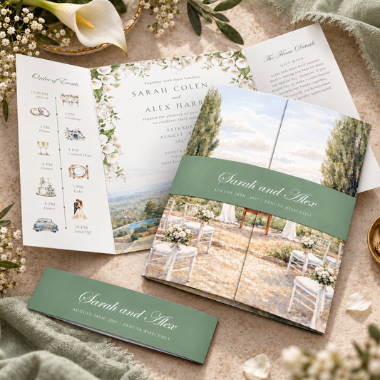 A gatefold showing a wedding invitation suite styled with calla lillies on a neutral surface. The suite includes a tri-fold program cover, an open invitation layout, an etiquette card, and a name card. suite including an order of events card, a main invitation with floral and scenic artwork, an invitation slip, and a green envelope, arranged on a neutral fabric with flowers and greenery.