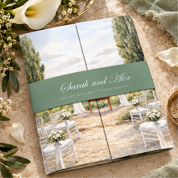 A gatefold showing a wedding invitation suite styled with calla lillies on a neutral surface. The suite includes a tri-fold program cover, an open invitation layout, an etiquette card, and a name card.
