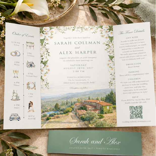 A gatefold showing a wedding invitation suite styled with calla lillies. The suite includes a tri-fold program cover, an open invitation layout, an etiquette card, and a name card.