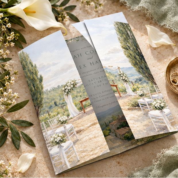 A four-panel collage showing a wedding invitation suite styled with floral props on a neutral surface. The suite includes a tri-fold program cover, an open invitation layout, an etiquette card, and a name card.