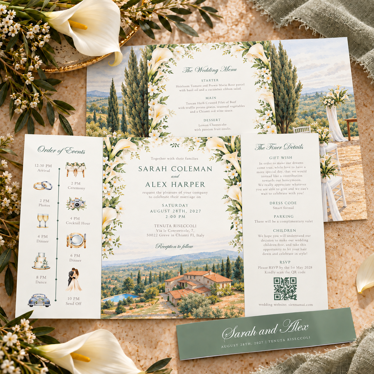 White Calla Lily Watercolour Wedding Invitations Sample