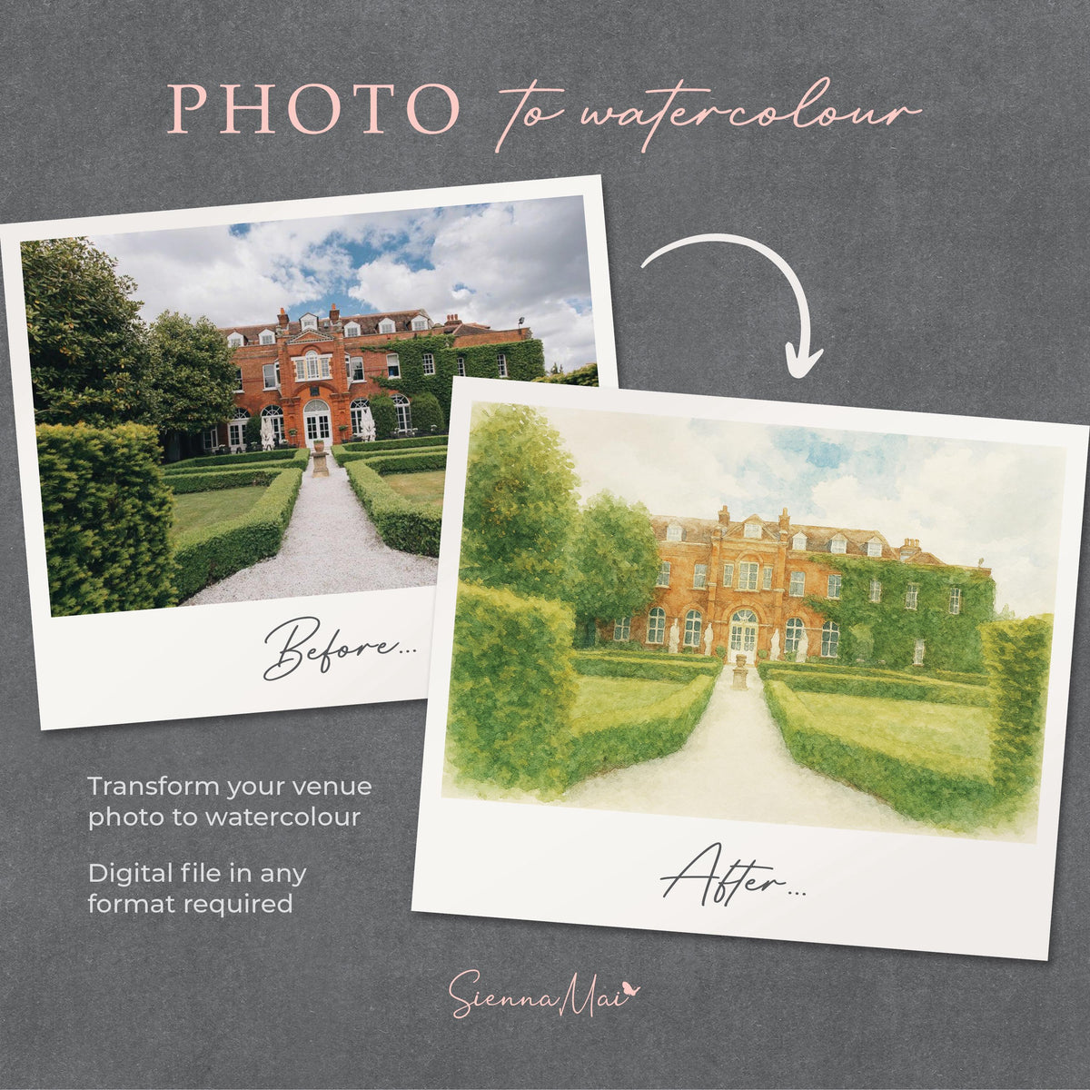 The image is a before and after comparison of a photo that has been transformed from black and white to watercolor. The before image shows a large, multi-story brick building surrounded by a well-manicured garden, while the after image depicts the same building in a watercolor painting, with a more vibrant and colorful appearance.