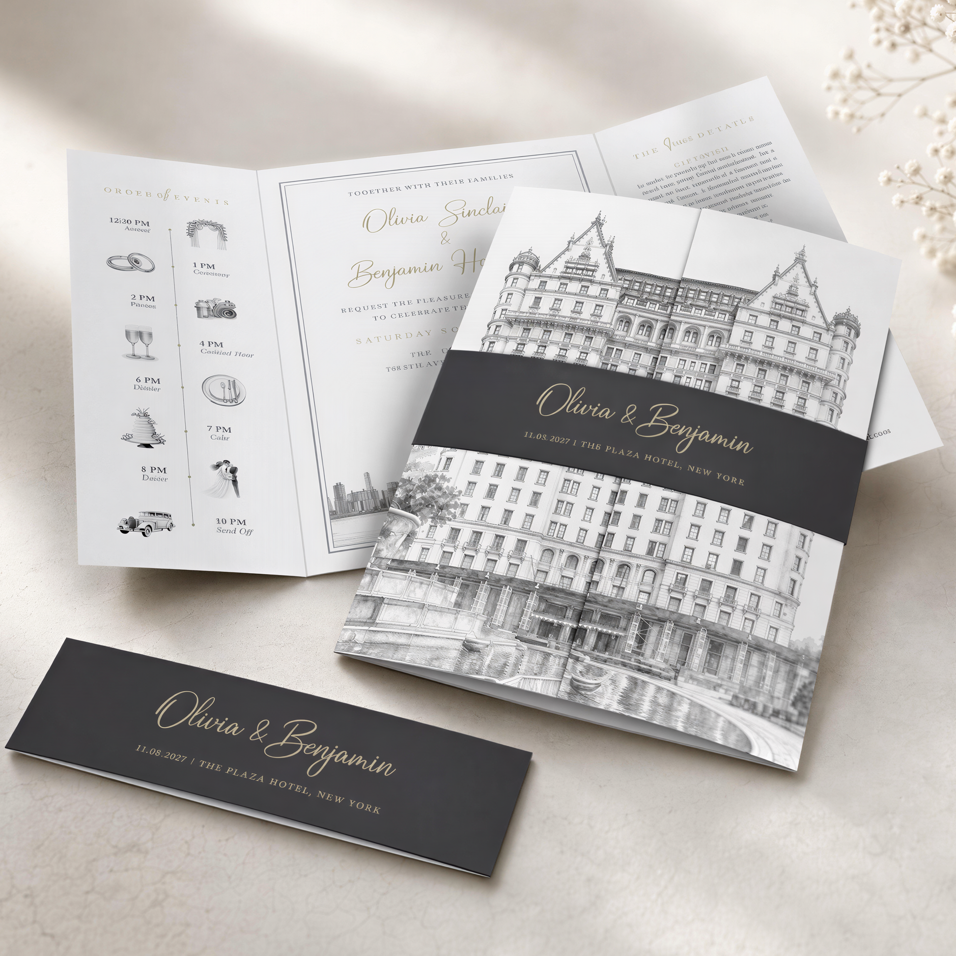 a wedding invitation for a couple named Oliver and Benjamin, with a detailed illustration of a building on the cover.