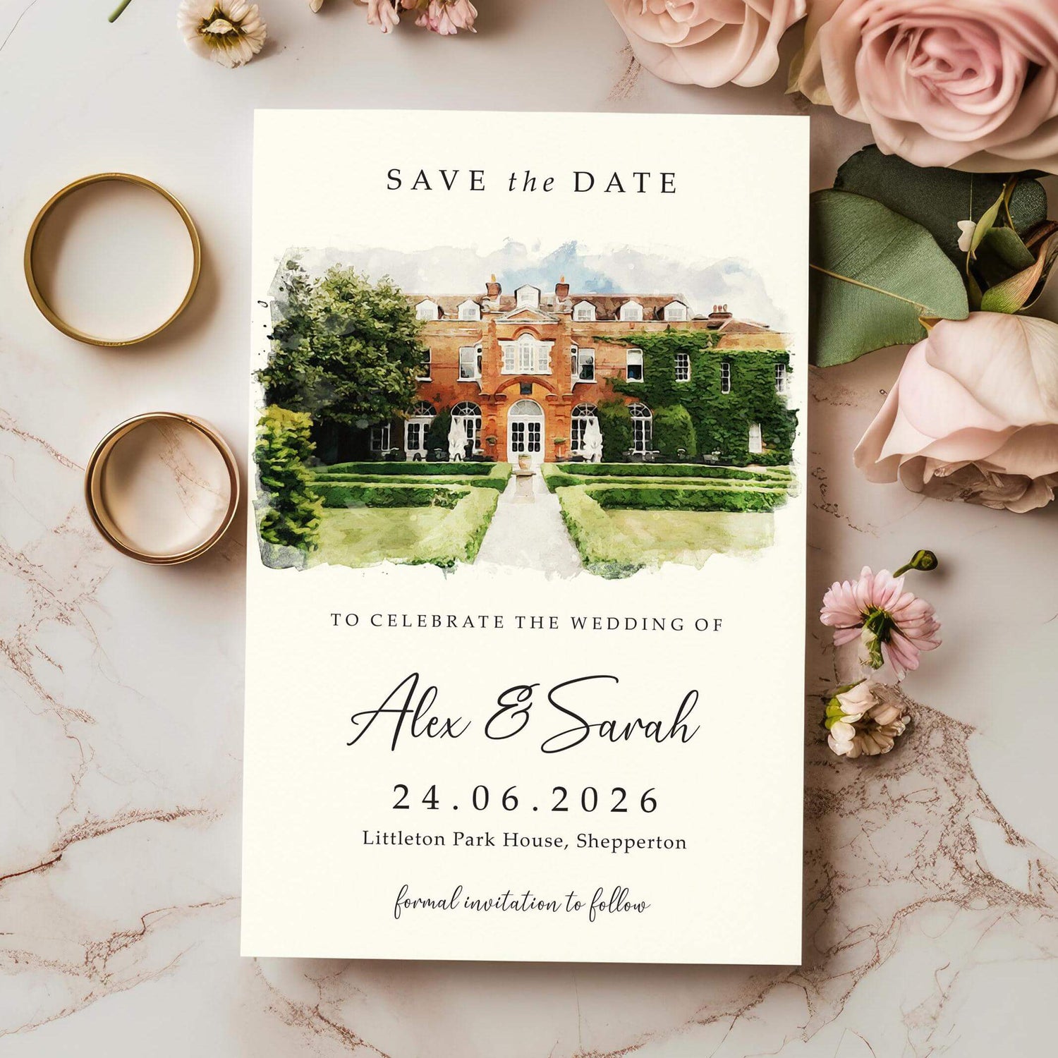 Custom venue save the date cards with watercolour including envelopes, save the dates, save the evening or save the weekend