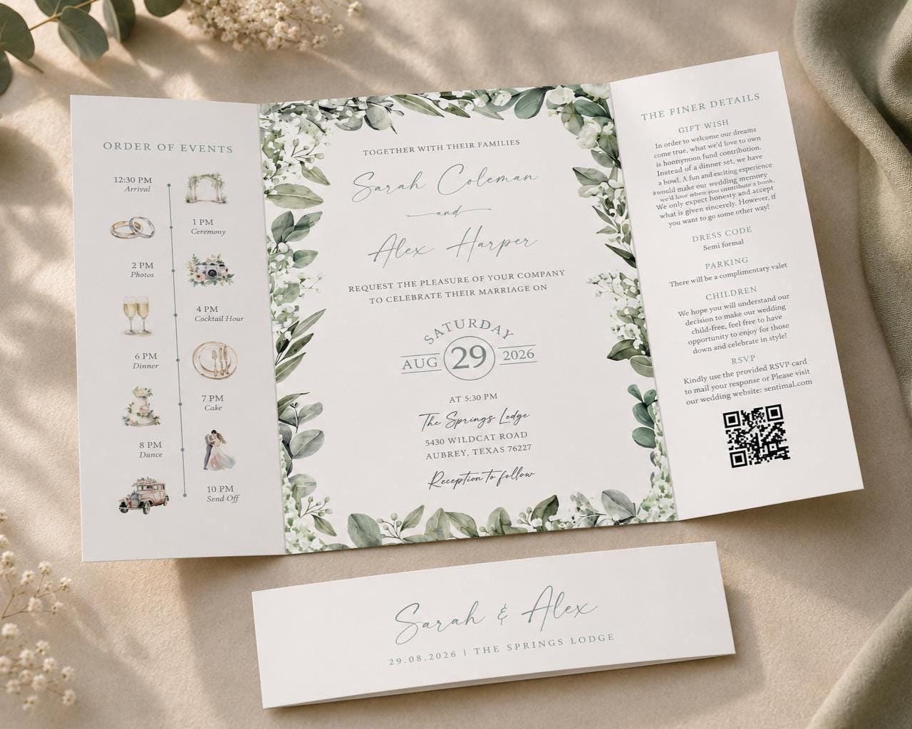 baby breath wedding invitation on a gatefold design with a belly band and envelopes, elegant gypsophila border with order of day, menu and RSVP details