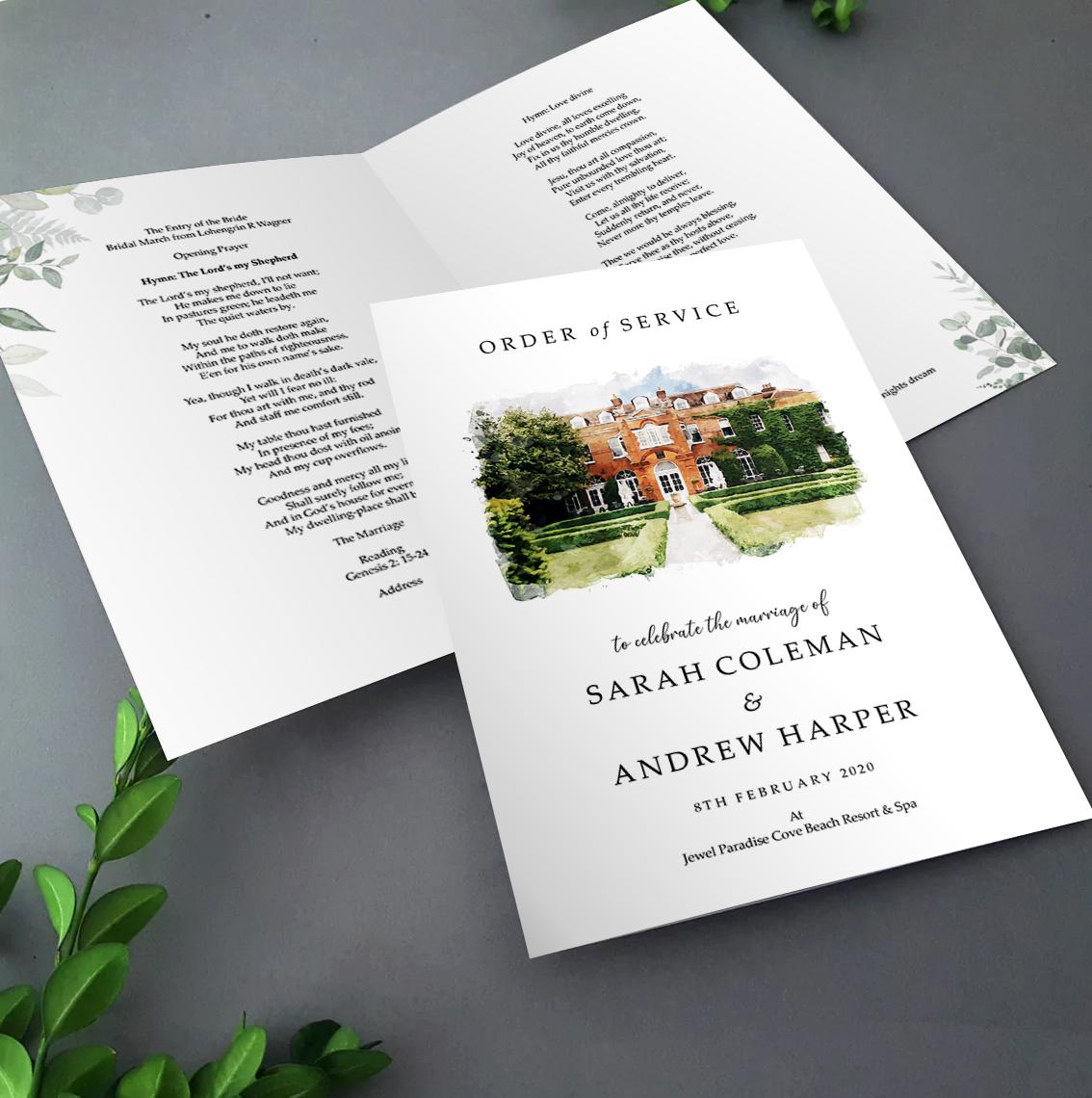 Watercolour Order of Service with Greenery for Weddings | YOUR IMAGE transformed to Watercolour