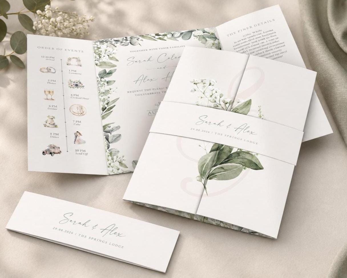 baby breath wedding invitation on a gatefold design with a belly band and envelopes, elegant gypsophila border with order of day, menu and RSVP details
