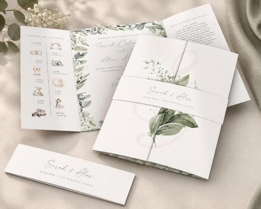 baby breath wedding invitation on a gatefold design with a belly band and envelopes, elegant gypsophila border with order of day, menu and RSVP details
