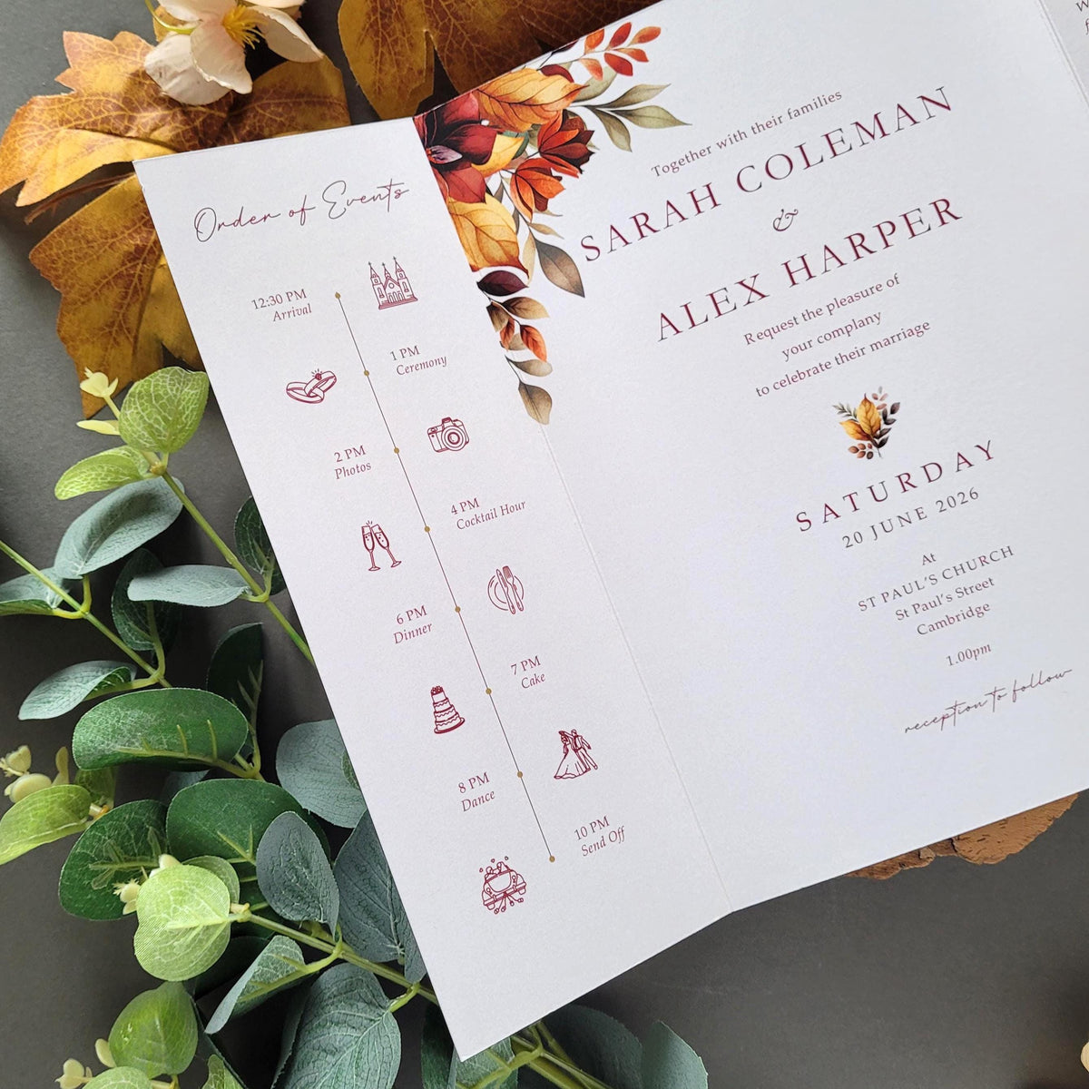 a wedding invitation card with a floral design and a schedule of events for the wedding of Sarah and Alex Harper.