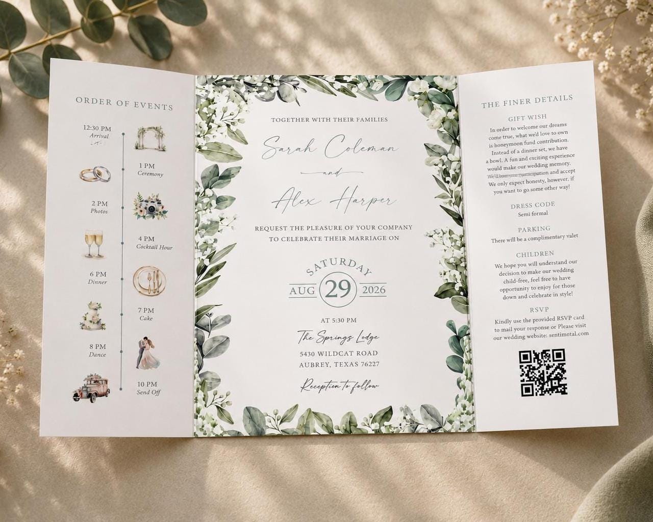 baby breath wedding invitation on a gatefold design with a belly band and envelopes, elegant gypsophila border with order of day, menu and RSVP details