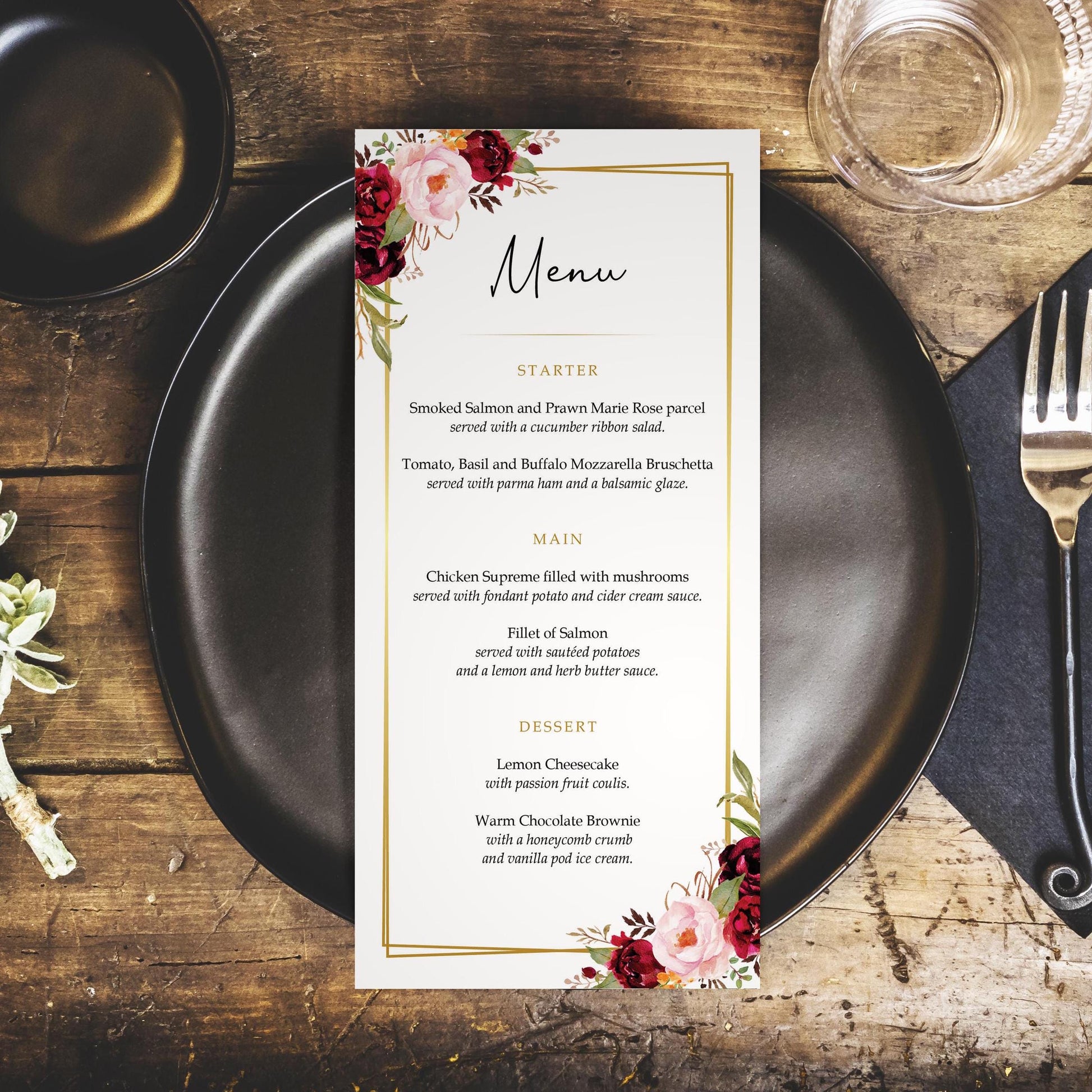 Burgundy and pink floral wedding menus with a gold border personalised