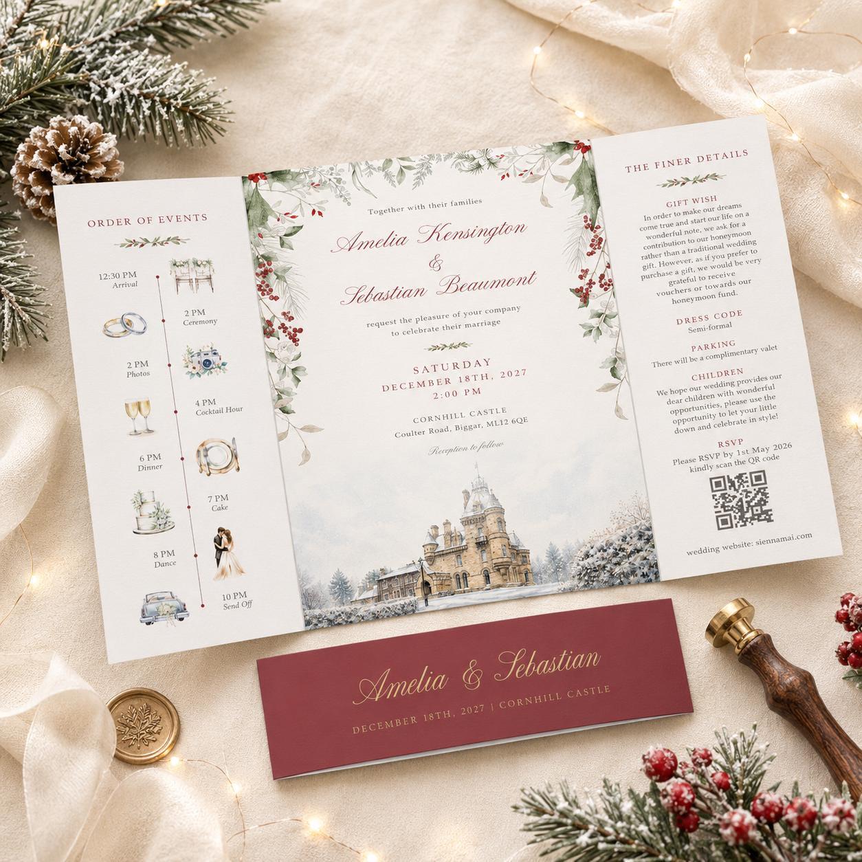 winter wedding invitation features custom venue watercolour with a winter scene, burgundy belly band and envelopes. Also features order of day. menu and RSVP