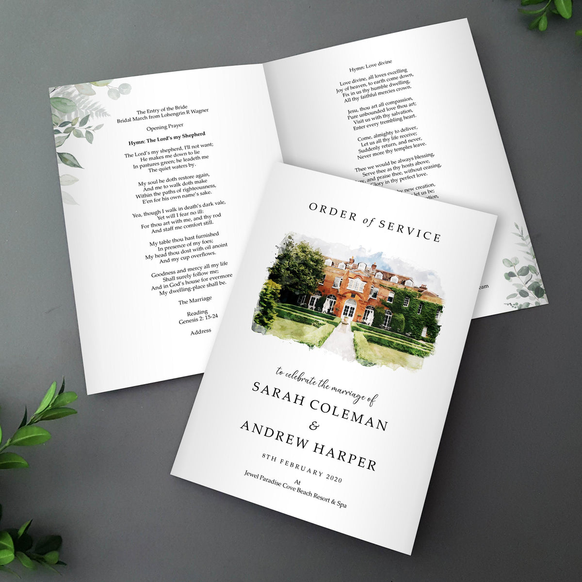 Watercolour Order of Service with Greenery for Weddings | YOUR IMAGE transformed to Watercolour