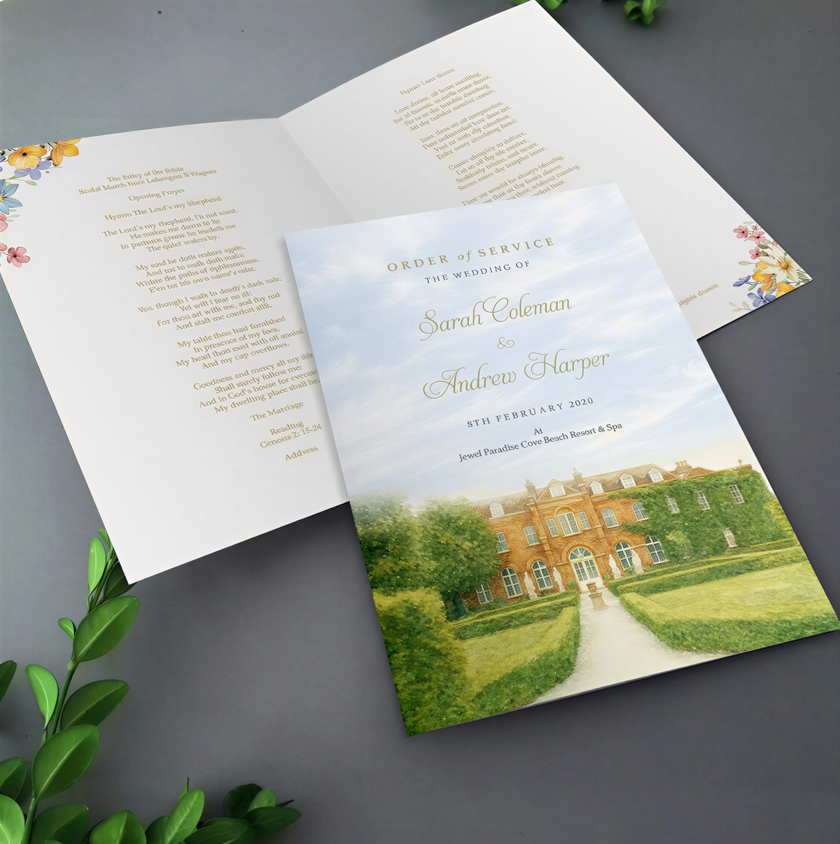 a wedding invitation featuring a large house with a garden, along with the names of the couple, Andrew Harper and Sarah Coleman, and the date of their wedding.
