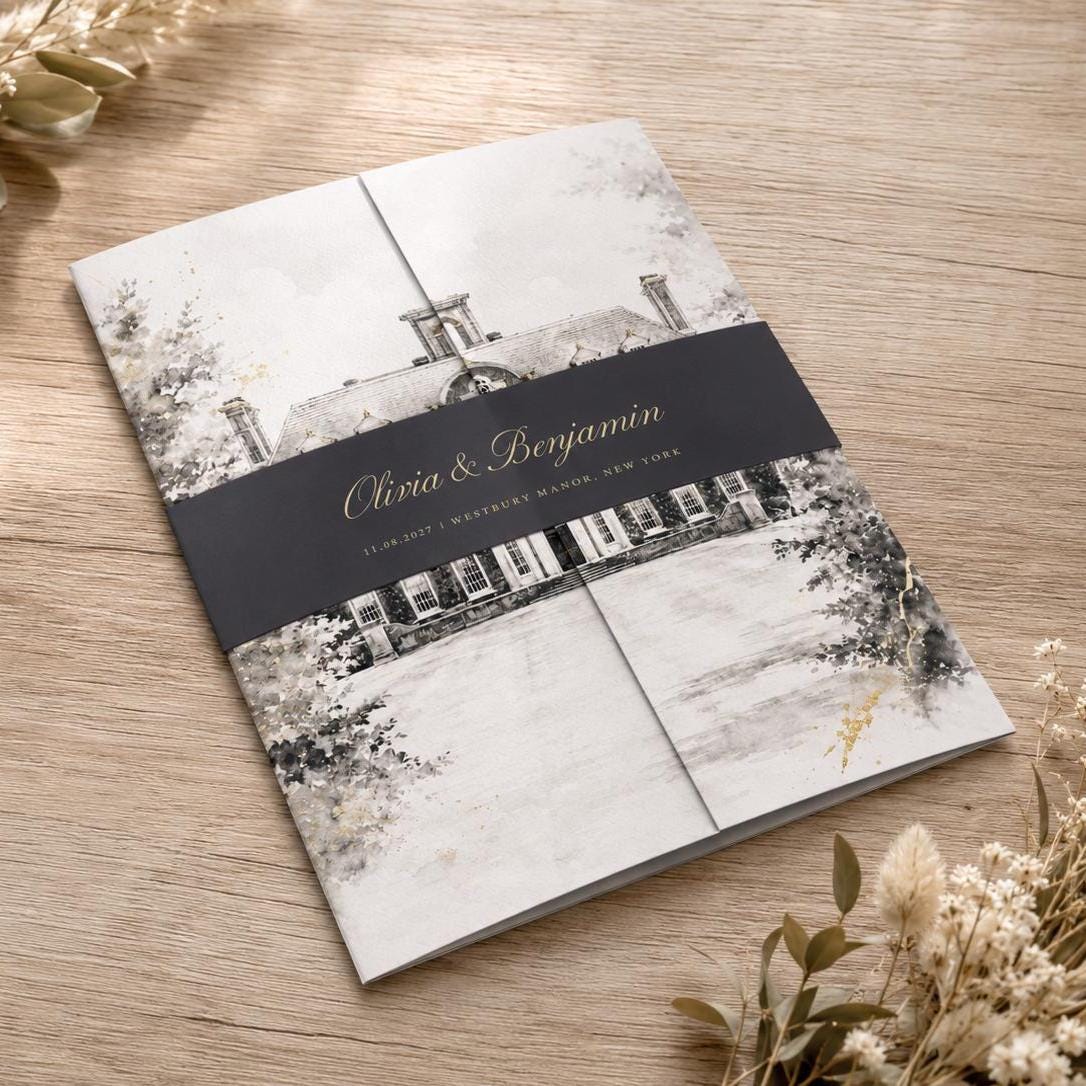 Custom Venue Watercolour Wedding Invitation - Rustic Ink Wash