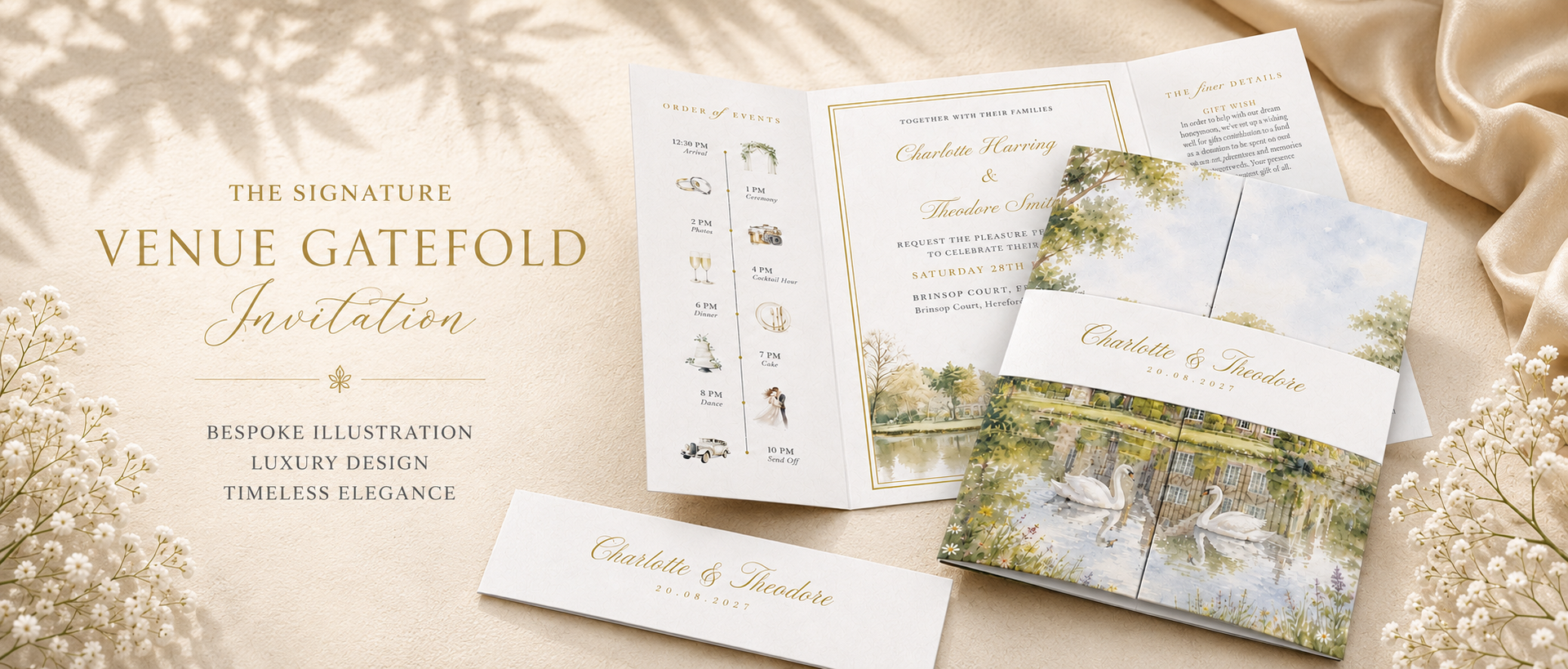 Venue gatefold wedding invitation suite with custom venue sketch watercolour, free wedding invitation samples