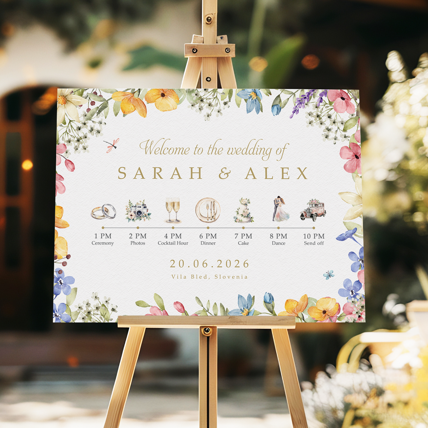 Garden floral welcome sign with order of the day icons wedding sign with colourful florals