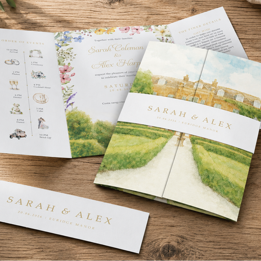 garden floral wedding invitations watercolour gatefold with colourful florals with venue images
