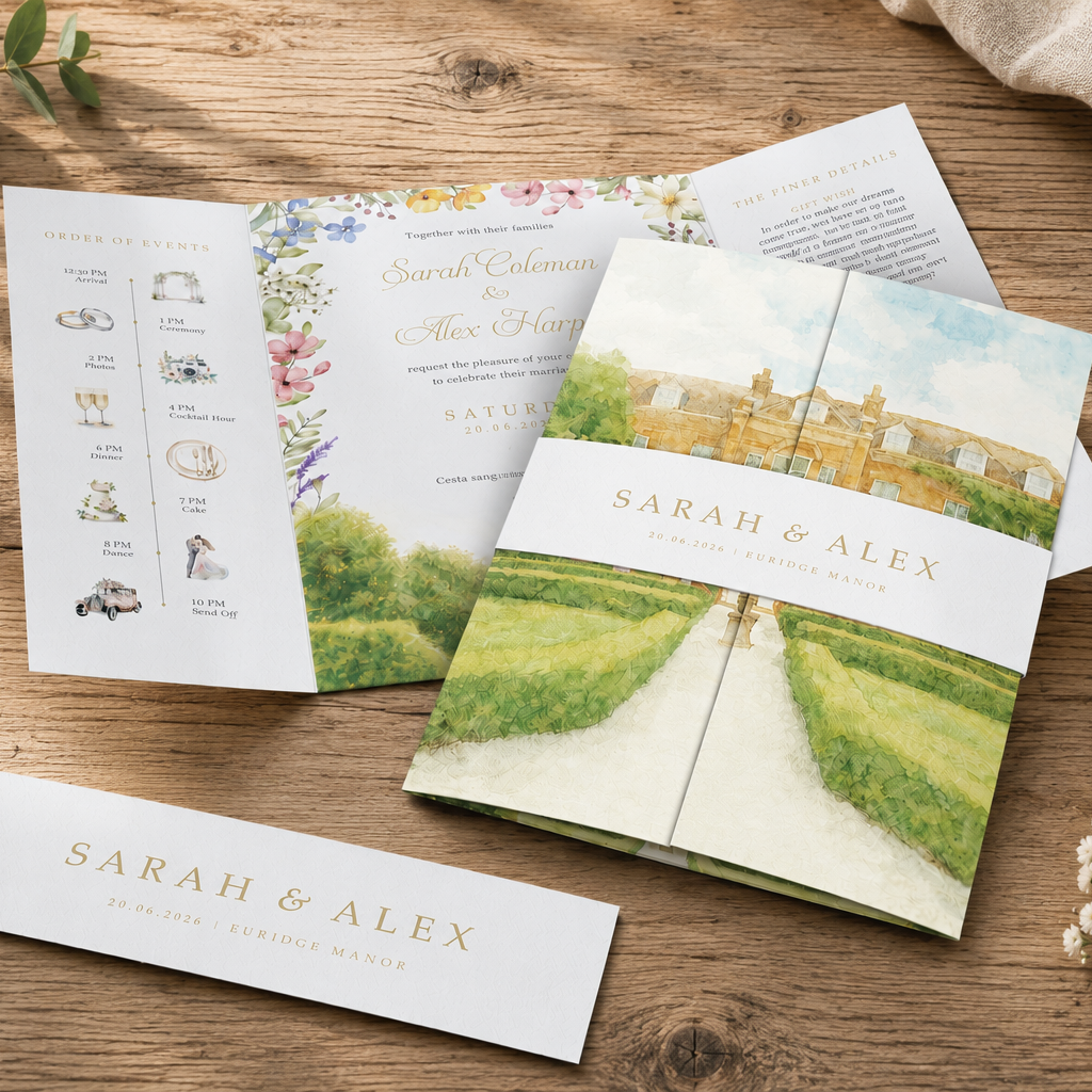 Venue Watercolour Garden Gatefold Wedding Invitations Sample