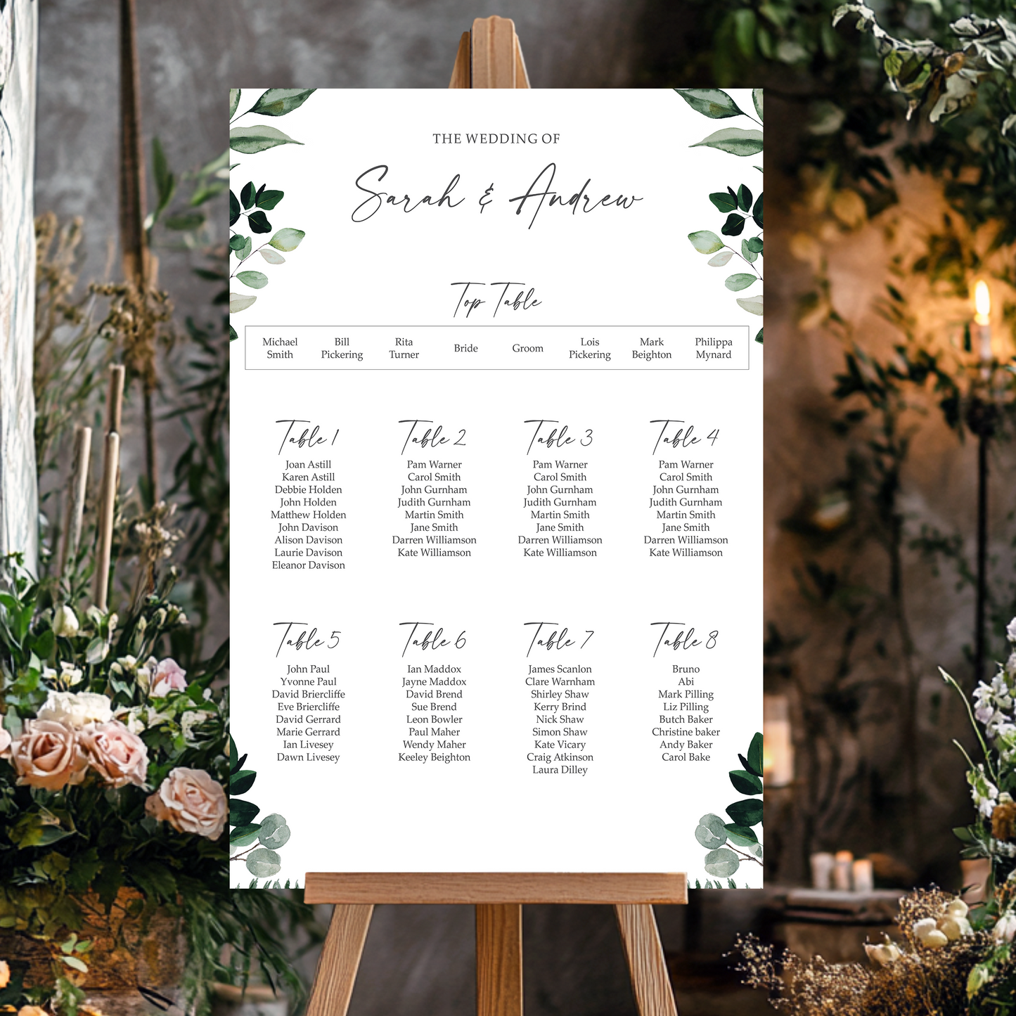 Greenery Seating chart for a wedding on an easel with eucalyptus and sage green hues