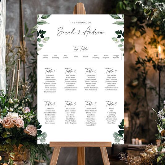 Greenery Seating chart for a wedding on an easel with eucalyptus and sage green hues