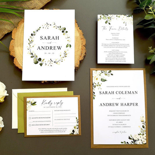 White Floral Wedding Invitation Set With 2 Inserts & Choice of Envelopes