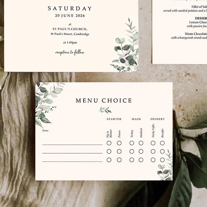 Venue wedding invitation set with envelopes, Watercolour illustration painting wedding invites, Finer Details, Menu Choices, RSVP & Menu