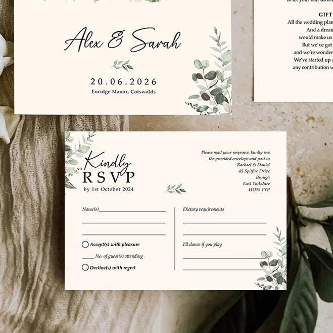 Venue wedding invitation set with envelopes, Watercolour illustration painting wedding invites, Finer Details, Menu Choices, RSVP & Menu