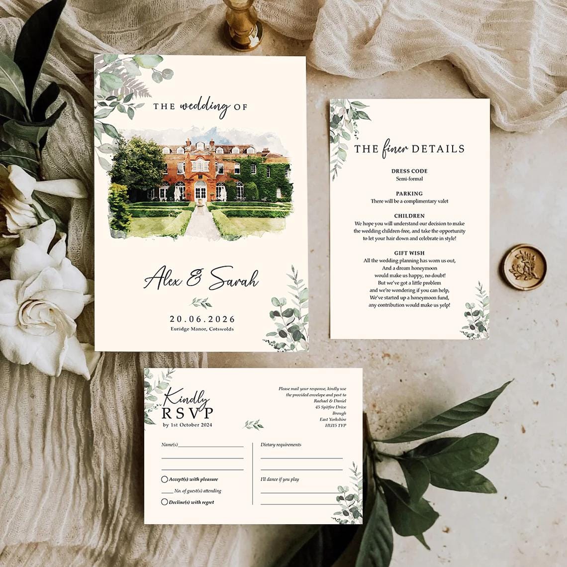 Venue wedding invitation set with envelopes, Watercolour illustration painting wedding invites, Finer Details, Menu Choices, RSVP & Menu