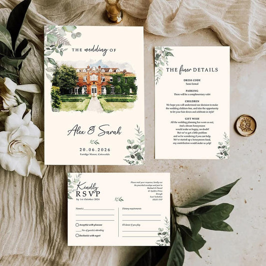 Venue wedding invitation set with envelopes, Watercolour illustration painting wedding invites, Finer Details, Menu Choices, RSVP & Menu