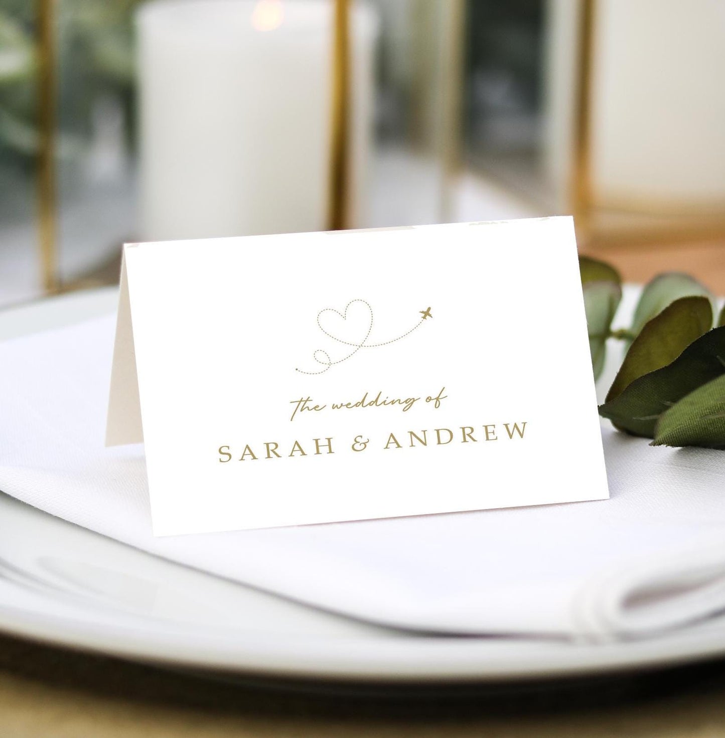 passport world map place cards in gold name settings for weddings