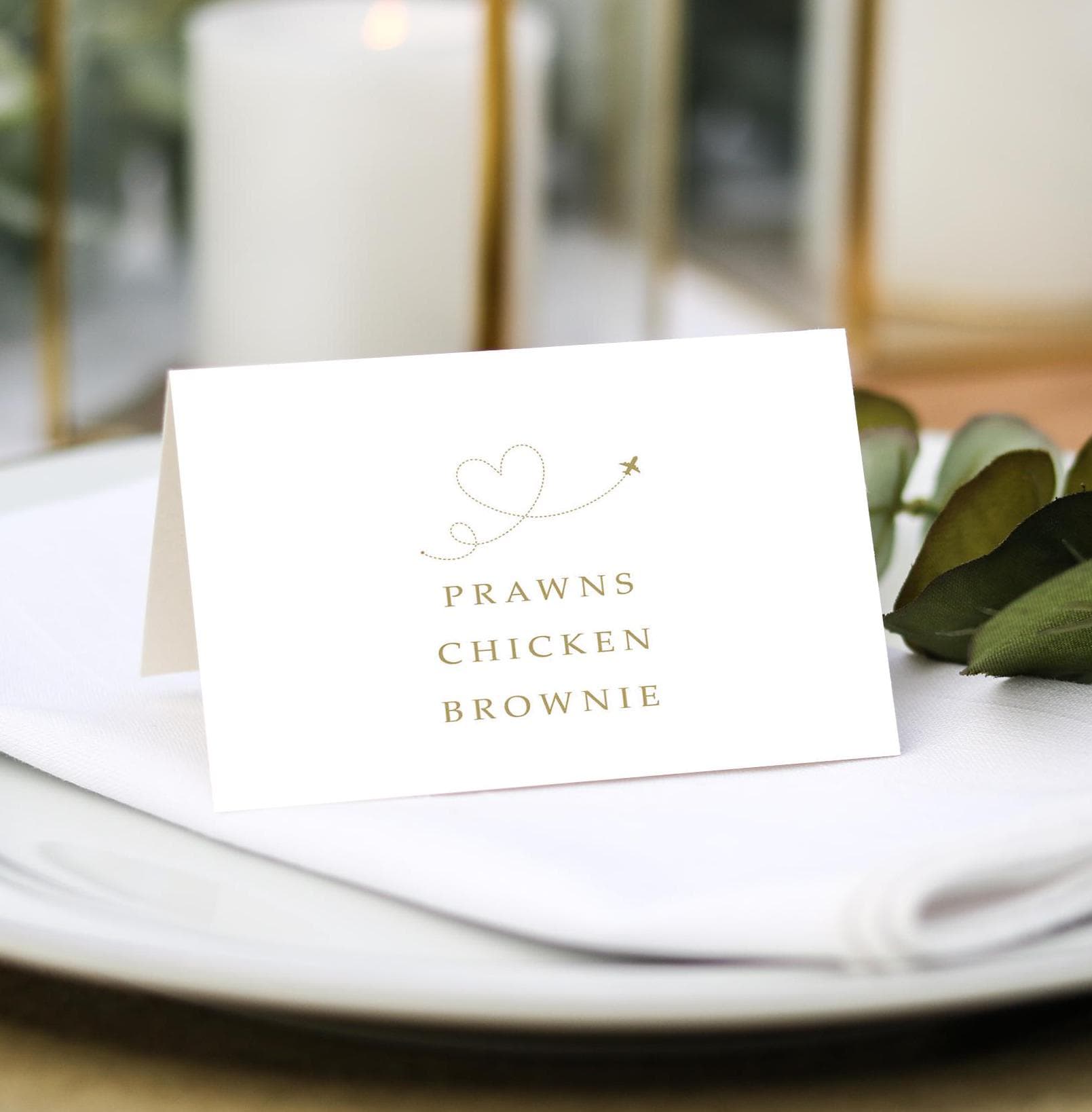 passport world map place cards in gold name settings for weddings