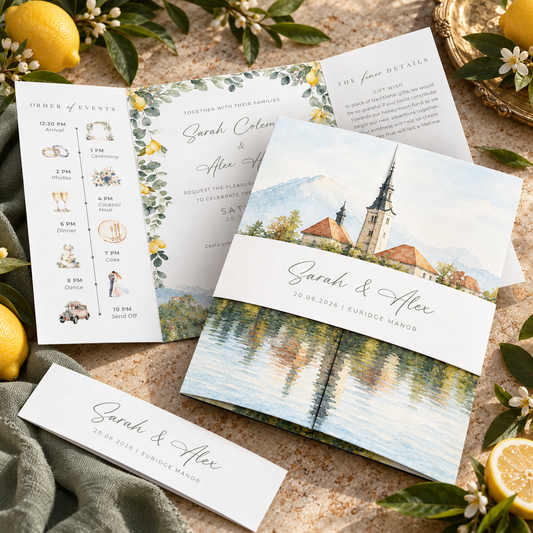 lemons mediterranean wedding invitations set 