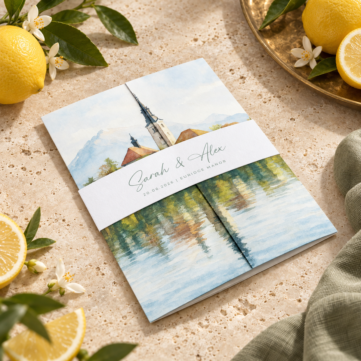 Mediterranean Lemon Watercolour Wedding Invitation Sample