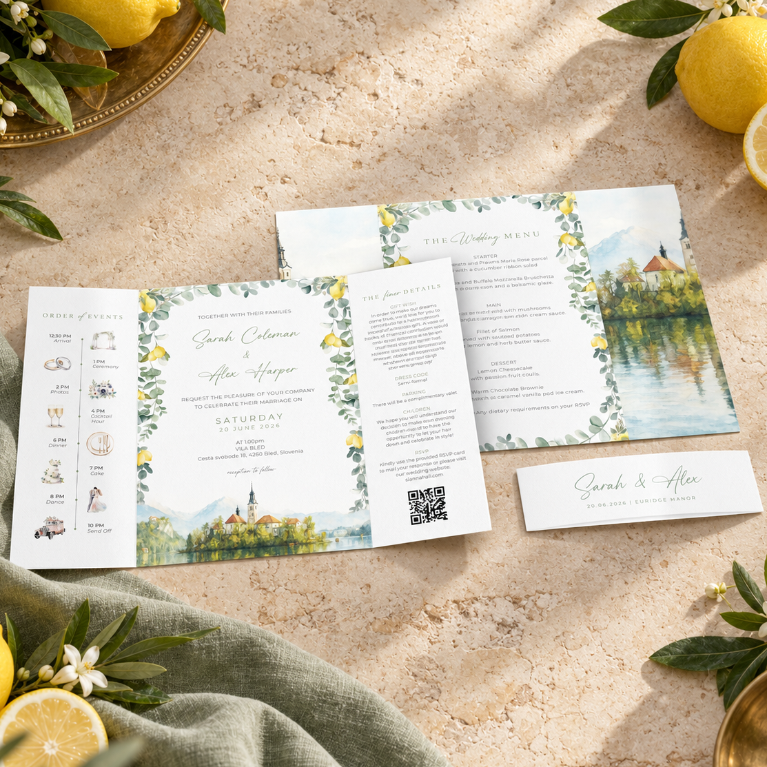 A styled flat-lay of a wedding invitation suite on a textured beige stone surface, surrounded by lemons, green leaves, and a sage green cloth. The suite includes an open tri-fold invitation, a separate back page, and a name card, all featuring a watercolor landscape border with yellow flowers and green foliage.