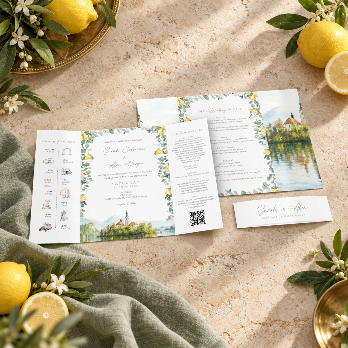 Mediterranean Lemon Watercolour Wedding Invitation Sample