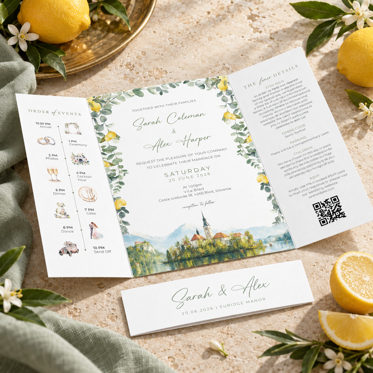 Mediterranean Lemon Watercolour Wedding Invitations