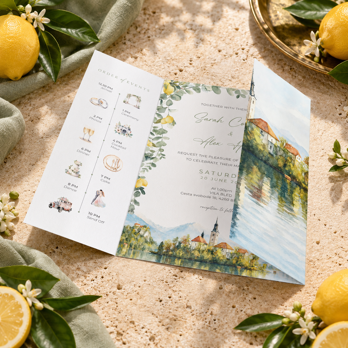 Mediterranean Lemon Watercolour Wedding Invitations